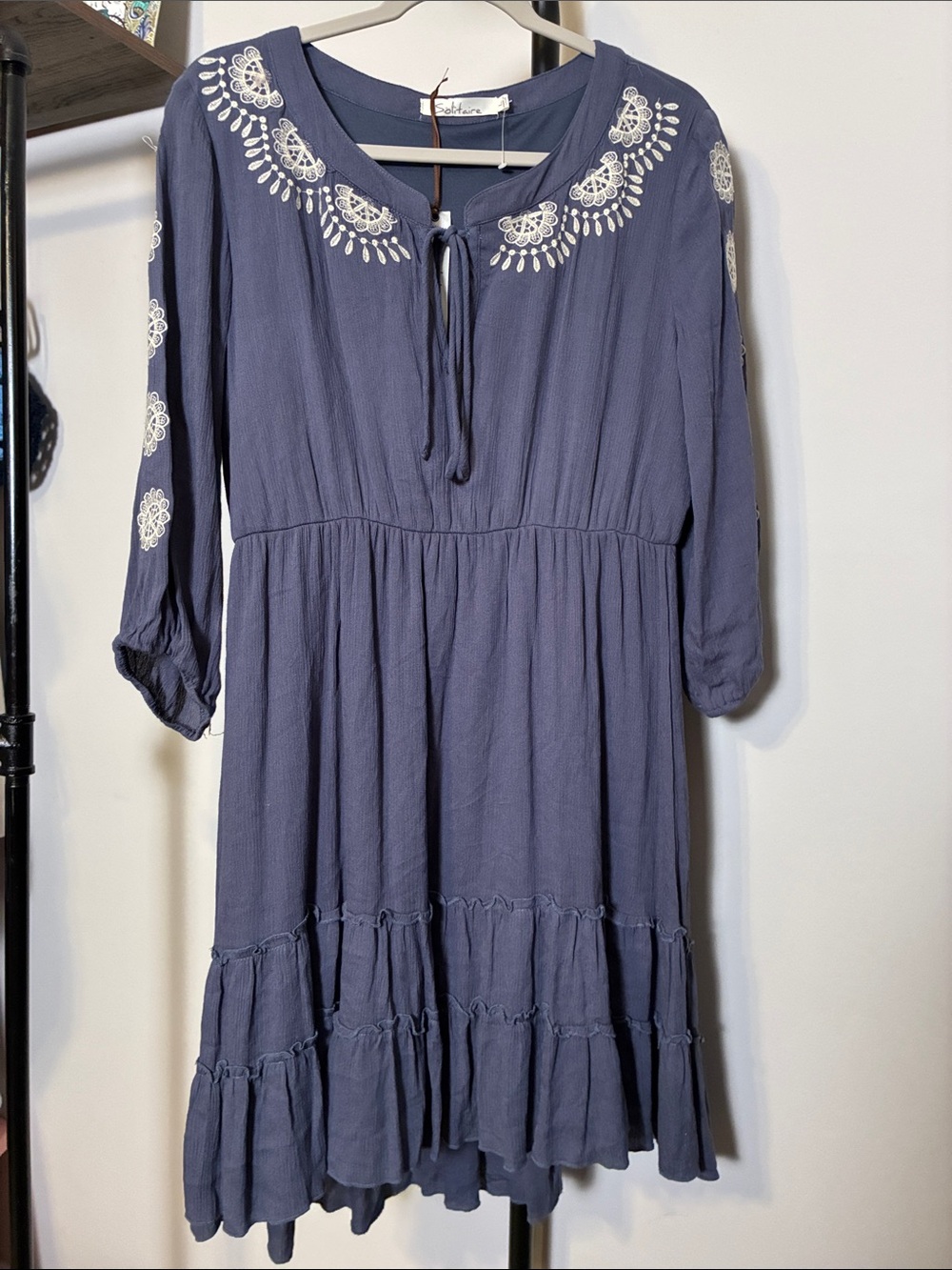 New! Solitaire Blue Embroidered Tie-Neck Mini Dress Large